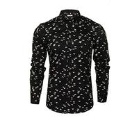 Xact Men's Bird Themed Print Shirt, 100% Cotton, Slim Fit, Long Sleeved, Button-Down Collar (Black) XL