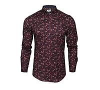 Xact Mens Floral Print Long Sleeved Shirt, Button-Down Collar, Slim Fit (Navy/Burgundy) XXXL