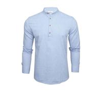 Xact Mens Cotton Linen Grandad Band Collar Tunic Shirt, Long Sleeved, Regular Fit (Blue) XXL