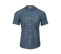 Xact Men's Grandad Collar Oxford Shirt Slim Fit Short Sleeved (Denim Blue) S