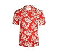 Xact Men's Hawaiian Shirt 100% Cotton Short Sleeve Cuban Camp Collar Floral Tropical Print Summer Holiday Beach Regular Fit (Chambal - Washed Red) XL