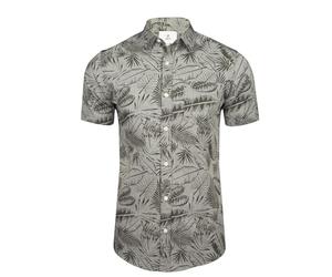 Xact Men's Hawaiian Shirt - 100% Cotton, Short Sleeved, Vibrant Floral Print - Tropical Leaf & Palm Design, Summer Beachwear, Casual Holiday Outfit (Kaveri - Light Grey Chambray) XL