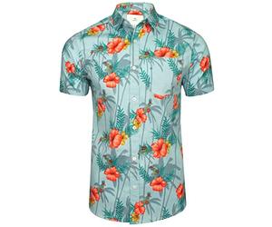 Xact Men's Hawaiian Shirt - 100% Cotton, Short Sleeved, Vibrant Floral Print - Tropical Leaf & Palm Design, Summer Beachwear, Casual Holiday Outfit (Luni - Dream Blue) XXL