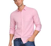 Xact Men's Long Sleeved Linen Shirt, Regular Fit, Standard Collar, Chest Pocket (Pink) XXL