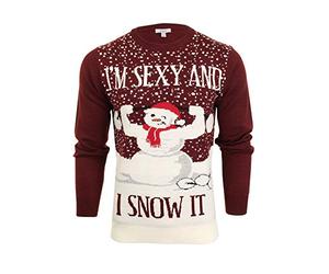 Xact Men's Novely Funny Christmas Jumper, Sexy & I Snow It Slogan, Crew Neck (Burgundy) L