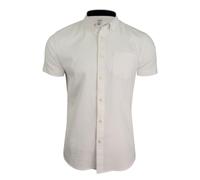 Xact Mens Plain Linen Cotton Shirt, Button-Down Collar, Short Sleeved, Slim Fit