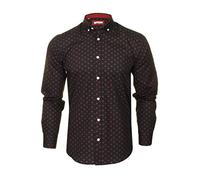 Xact Men's Polka Dot Long Sleeved Shirt, 100% Cotton, Slim Fit, Button-Down Collar, Mod Vintage (Black/Burgundy) S