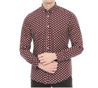 Xact Men's Polka Dot Long Sleeved Shirt, 100% Cotton, Slim Fit, Button-Down Collar, Mod Vintage (Burgundy/White) XL