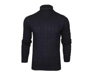 Xact Men's Roll Neck Cable Knit Jumper - Fold-Over Polo Neck Pullover Sweater, Mid-Weight Textured Knit for Smart or Casual Autumn & Winter Layering - UK Brand (Navy) L