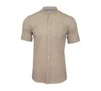 Xact Men's Short Sleeve Linen Cotton Grandad Shirt - Band Collar, Mandarin Collar, Collarless, Slim Fit, Lightweight, Breathable Smart Casual Summer Shirt for Men (Blue) S