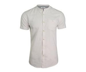 Xact Men's Short Sleeve Linen Cotton Grandad Shirt - Band Collar, Mandarin Collar, Collarless, Slim Fit, Lightweight, Breathable Smart Casual Summer Shirt for Men (Blue) S