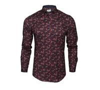 Xact Mens Floral Print Long Sleeved Shirt, Button-Down Collar, Slim Fit (Navy/Burgundy) XXL
