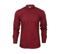 Xact Men's Slim Fit Poplin Shirt Long Sleeve Grandad Collar Collarless Nehru Mandarin Banded Henley Style - Smart Casual Formal Cotton Blend Breathable (Burgundy) L
