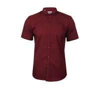 Xact Men's Slim Fit Poplin Shirt Short Sleeve Grandad Collar Collarless Nehru Mandarin Henley Banded Style - Smart Casual Formal Summer Shirt Cotton Blend Breathable (Burgundy) XL