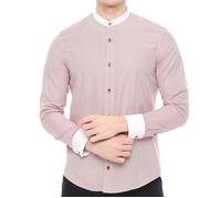 Xact Men's Striped Grandad Shirt, White Collar & Cuffs, Long-Sleeved (Dark Red Stripe) L