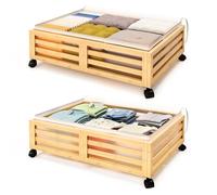 Xadgve Under Bed Storage with Wheels,Underbed shoe storage Containers,Bamboo Underbed Organizer Drawers with Large Dust Bag for Clothes Books Bedding and toy storage Space Saving (2 Packs Nature)