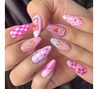 XAGMODSHN 24 Pcs Heart Strawberry Press On Nails Almond Mediums False Nails Sweet Flower Stick on Nails French Tip Acrylic Nails