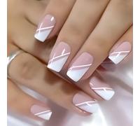 XAGMODSHN 24 Pcs Pinks White False Nails Press On Nails Glossy Artificial Nails Simple Full Covers Stick on Nails for Woman Girls