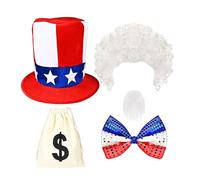 XAGMODSHN Patriotic Uncle Cosplay Accessories Includes Hat Bowtie Beards and Money Bag 4th of July Costume for Men Halloween Memorial Day Outfit