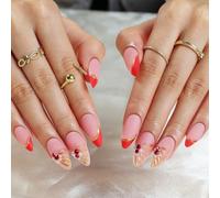 XAGMODSHN Short Almond Press on Nails,24Pcs New Year Fake Nails in 12 Sizes Glossy False Nails Acrylic Stick on Nails for Womens