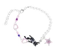 XAGMODSHN Vintage Pearls Bead Cats Face Charm with Star Pendant Flexible Chain Wrist Chain for Daily Wear Adjustable Black Cats