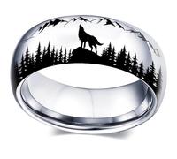 XAHH 8mm Wolves in the Forest Animal Ring Unique Personality Stainless Steel Wedding Band Anniversary Promise Ring for Men and Women Size 7-13, Metal, No Gemstone