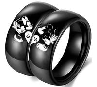 XAHH Love Heart Couple Ring Mickey Minnie's Kiss Romantic Promise Rings Black Wedding Bands for Him and Her Stainless Steel Band Size 5-13, Metal, No Gemstone