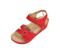 XAIODRAGONSKY Wedge Sandals for Women Dressy,Summer Open Toe Low Platform Wedges Sandals Elastic Ankle Strap Flower Comfortable Casual Shoes, Red, 4.5 US