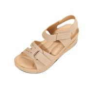 XAIODRAGONSKY Wedge Sandals for Women Dressy,Summer Open Toe Low Platform Wedges Sandals Elastic Ankle Strap Flower Comfortable Casual Shoes, Beige, 6 US
