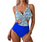 XAIODRAGONSKY Women's Bikini Top Swimsuit V Neck Knot Bunny Tie Cross Back Adjustable Straps Bathing Suit 2PC 2025, Blue1, Large