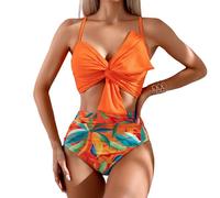 XAIODRAGONSKY Women's Bikini Top Swimsuit V Neck Knot Bunny Tie Cross Back Adjustable Straps Bathing Suit 2PC 2025, Orange1, L