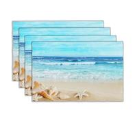 XALOGEER Beach Placemats Set of 4 Summer Nautical Coastal Seashell Linen Washable Place Mats Rectangular Cloth Table Mat for Party Kitchen Dining Decoration Indoor Outdoor, 12x18 inch