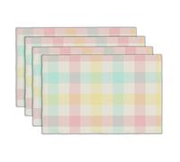 XALOGEER Blue Pink Yellow Buffalo Plaid Placemats Set of 4 Colorful Checkered Linen Washable Place Mats Rectangular Cloth Table Mat for Party Kitchen Dining Decoration Indoor Outdoor, 12x18 inch