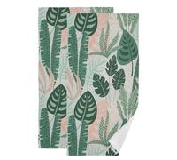 XALOGEER Tropical Palm Leaves Hand Towels for Bathroom Set of 2 Abstract Green Pink Leaf Summer Kitchen Towels Soft Absorbent Decorative Fingertip Towels Face Towel 14.4"x28.3"
