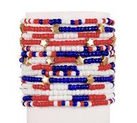 XAM 1-12Pcs Multi-layered Independence Day White Blue Red Bead Bracelet For Men Women Stretchable July of 4th Rope Polymer Clay Bracelet USA Holiday Jewelry Gifts, Middle, no gemstone