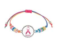XAM Breast Cancer Awareness Rainbow Cord Bracelet - Pink Ribbon Charm with Polymer Clay Beads, Boho Jewelry for October Campaigns, Adjustable, Zinc, no gemstone
