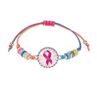 XAM Breast Cancer Awareness Rainbow Cord Bracelet - Pink Ribbon Charm with Polymer Clay Beads, Boho Jewelry for October Campaigns, Adjustable, Zinc, no gemstone
