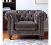 Xample Allington Grey Fabric Chesterfield Armchair - Pocket Coil Feather Seat, Solid Wood Frame, Walnut Feet & Antique Brass Studs