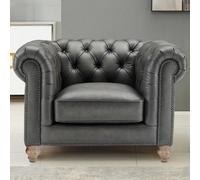 Xample Allington Grey Leather Chesterfield Armchair, Flint Grey Top Grain Leather, Pocket Coil Cushion, Solid Wood Frame, Nailhead Trim