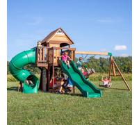 Xample Backyard Discovery Cedar Cove Playcentre With Slides, Swings, Clubhouse, Rock Wall & Chalkboard Fsc Wood Outdoor Set (Ages 3-10)