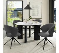 Xample Bentley Designs Alisa Round Sintered Stone Dining Table With 4 Grey Bouclé Swivel Chairs Matte White Top & Black Oak Legs