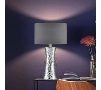 Xample Bokara Hammered Silver Ceramic Table Lamp With Grey Satin Shade E27 Bulb Modern Metallic Glazed Finish Lighting