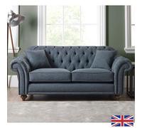 Xample Bordeaux Button Back Blue Fabric 3-Seater Sofa - Tufted Scroll Arms, Foam Cushions, Solid Wood Legs, Accent Pillows Included