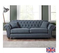Xample Bordeaux Button Back Blue Fabric 4 Seater Sofa Tufted Design With Foam Cushions, Solid Wood Legs & Accent Pillows