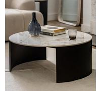 Xample Gallery Marzio White Marble Style Coffee Table, Carrara Stone Effect Top, Black Metal Legs, Soft Curved Edges, Modern Living Room