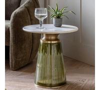 Xample Gallery Seville Green Side Table White Marble Top, Green Glass Base With Gold Accents, Luxurious Modern Accent Table, H48Cm