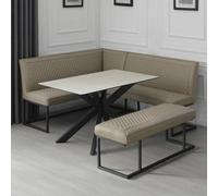 Xample Indus Valley Arden Ceramic Dining Table Set Corner Bench Low Bench Black Iron Base Taupe Seating 6 Seater Dining Set