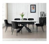 Xample Indus Valley Kia Extendable Dining Table Set Ceramic Glass Top Black Iron Base 6 Velvet Chairs Seats 6 To 8 Dining Set