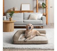 Xample Kirkland Signature L-Shaped Bolster Pet Bed 42" X 36" - Upholstery Fabric, Machine Washable Cover, Non-Skid Base, Tan Striped