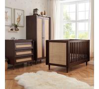 Xample Tutti Bambini Japandi 4 Piece Nursery Set - Walnut & Oak Finish, Cot Bed With Sprung Mattress, Chest Changer & Led Wardrobe